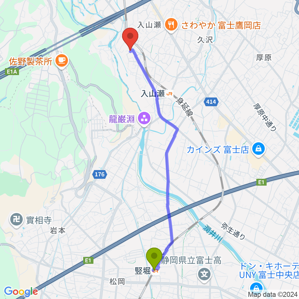 竪堀駅からウスイ音楽教室へのルートマップ地図