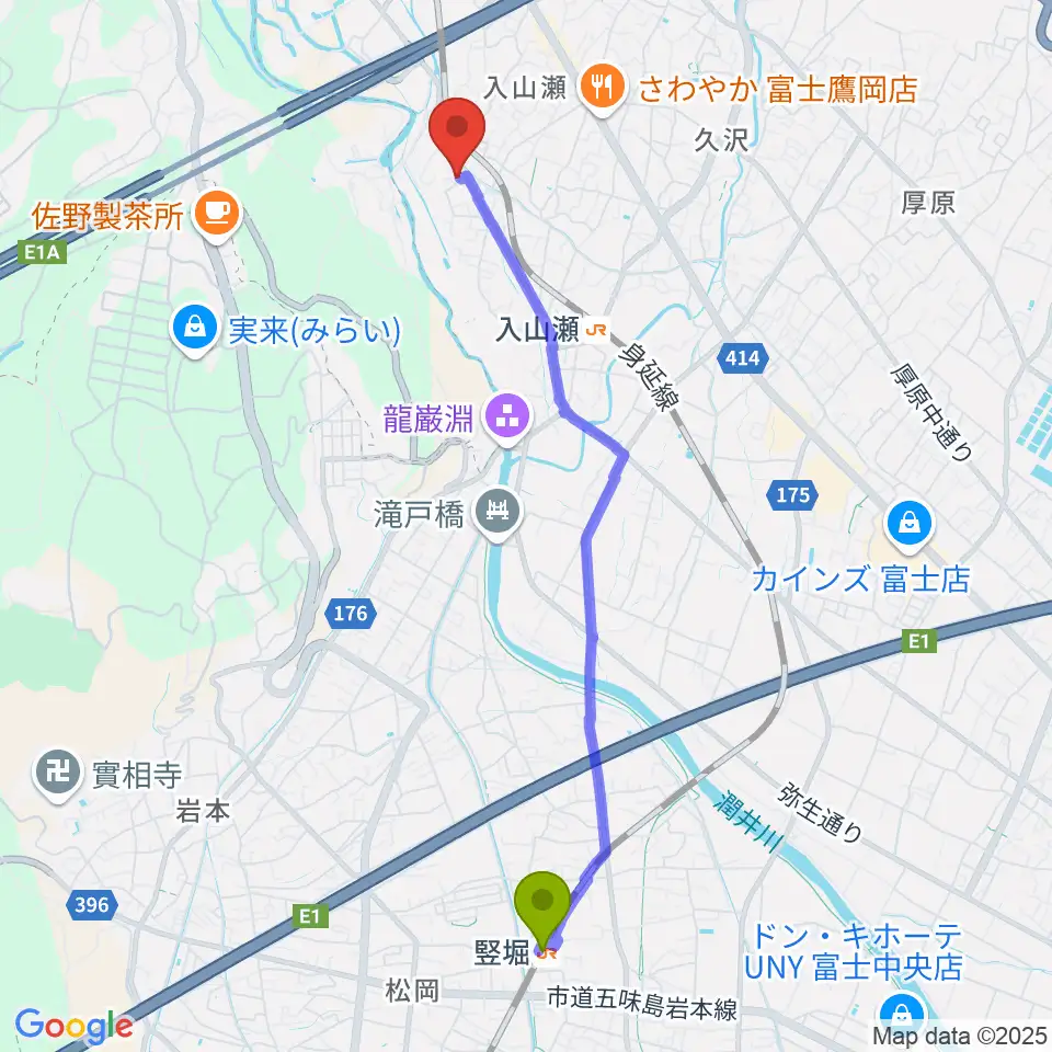 竪堀駅からウスイ音楽教室へのルートマップ地図