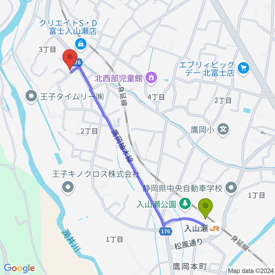 ウスイ音楽教室の最寄駅入山瀬駅からの徒歩ルート（約11分）地図