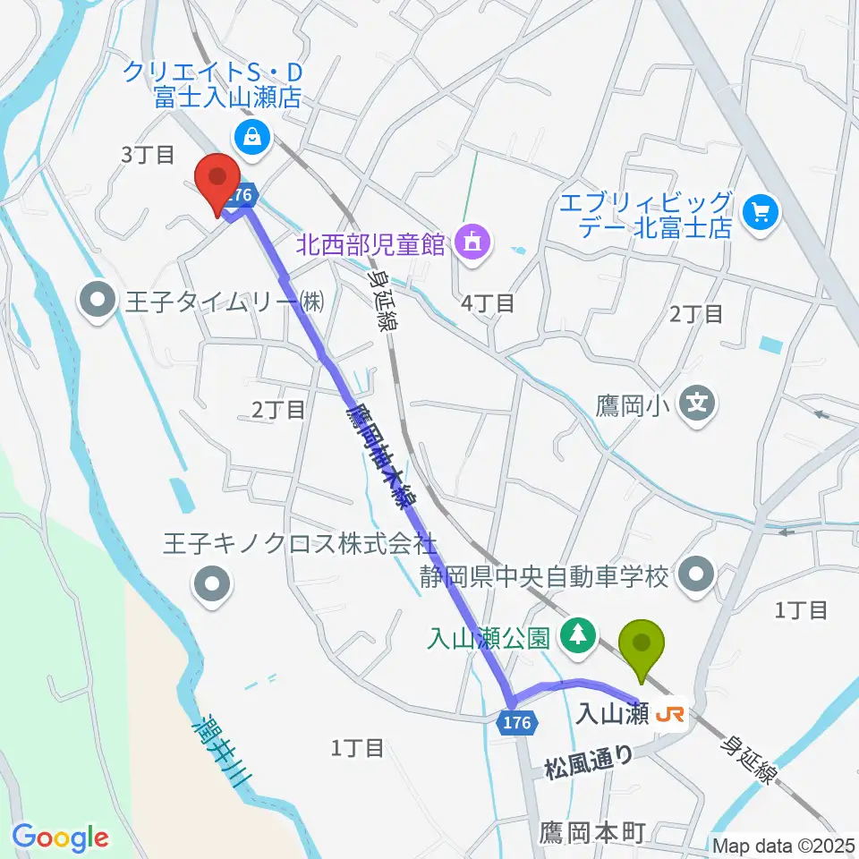 ウスイ音楽教室の最寄駅入山瀬駅からの徒歩ルート（約11分）地図