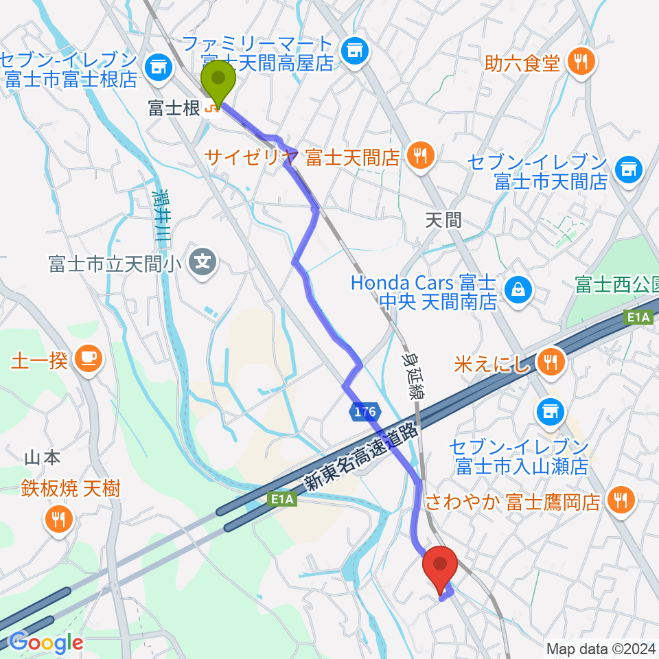 富士根駅からウスイ音楽教室へのルートマップ地図