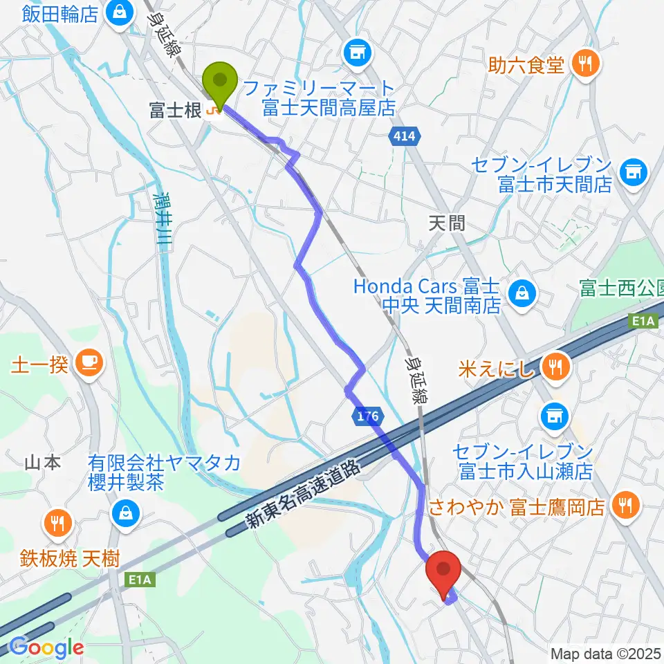 富士根駅からウスイ音楽教室へのルートマップ地図