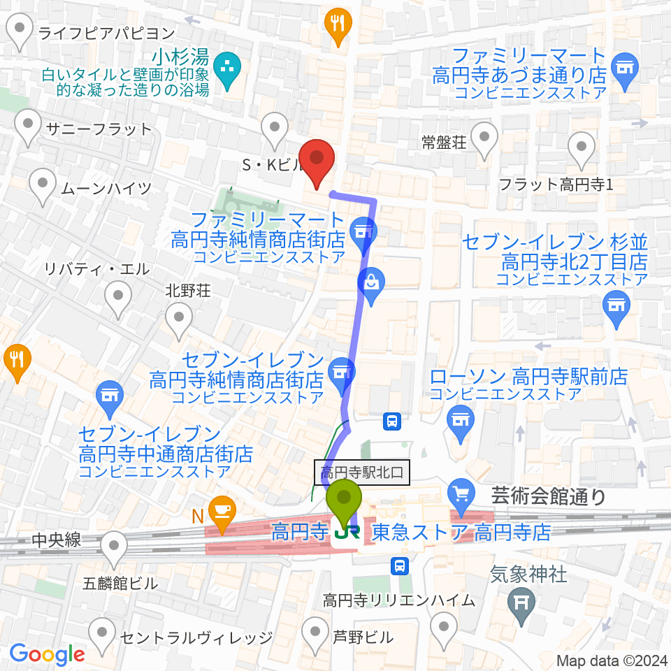M'sボーカル教室の最寄駅高円寺駅からの徒歩ルート（約4分）地図