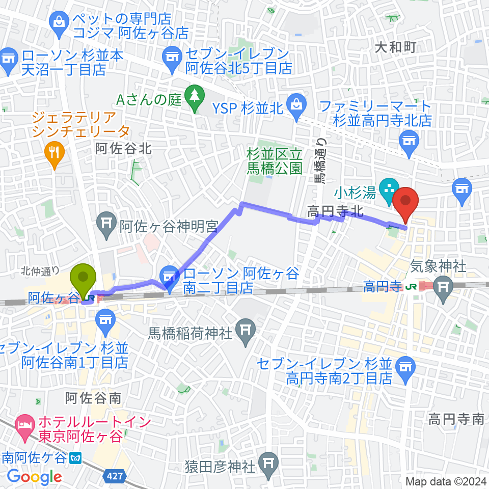 阿佐ケ谷駅からM'sボーカル教室へのルートマップ地図