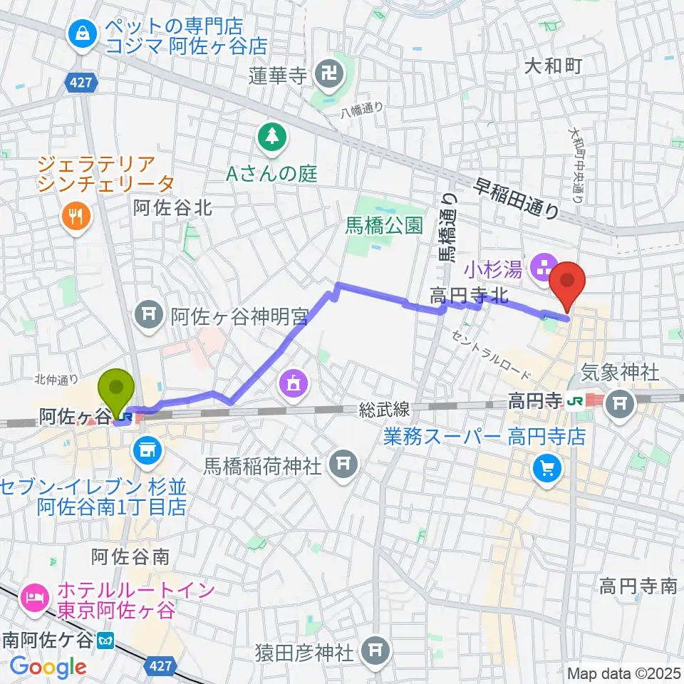 阿佐ケ谷駅からM'sボーカル教室へのルートマップ地図