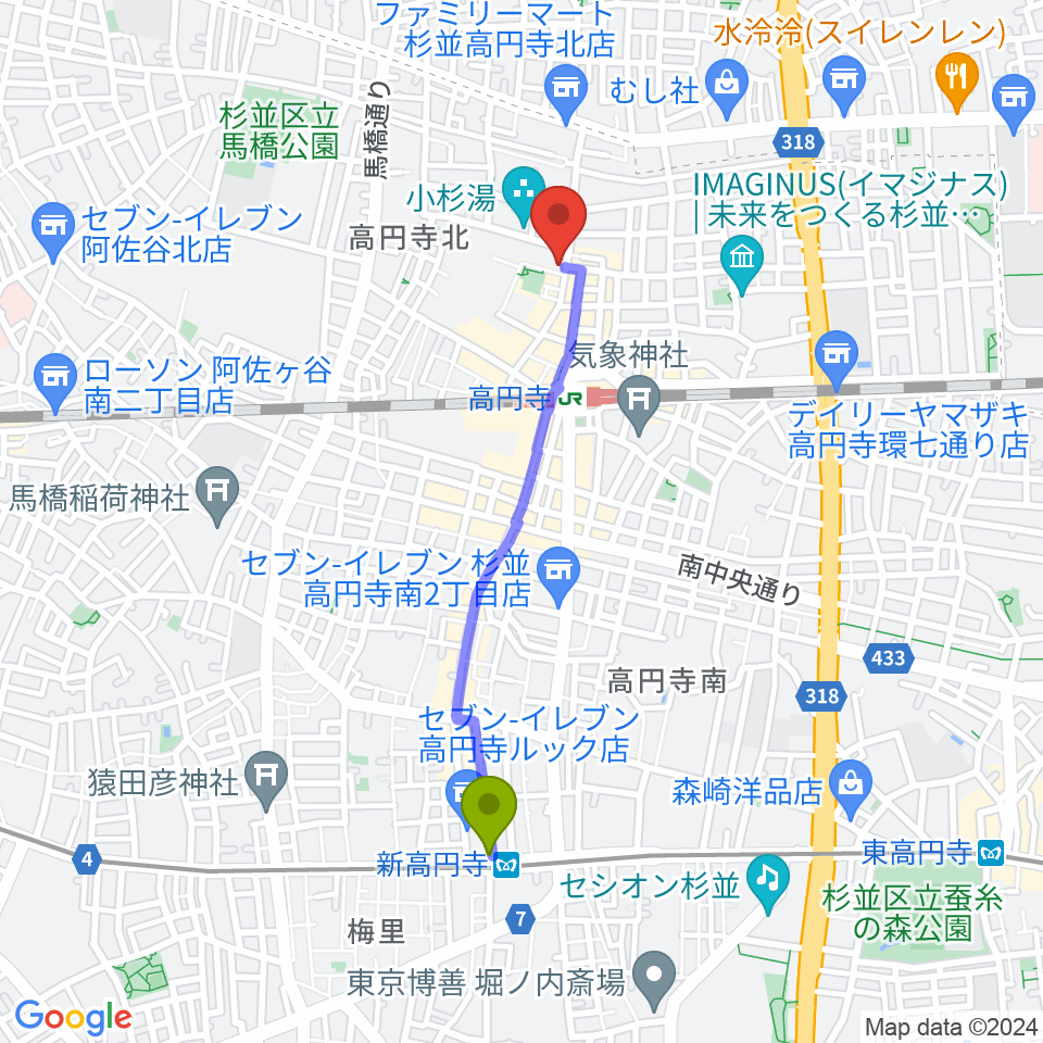 新高円寺駅からM'sボーカル教室へのルートマップ地図