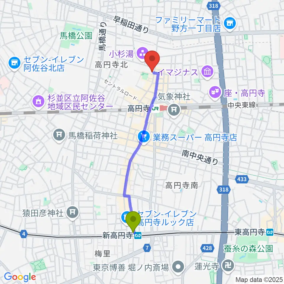 新高円寺駅からM'sボーカル教室へのルートマップ地図