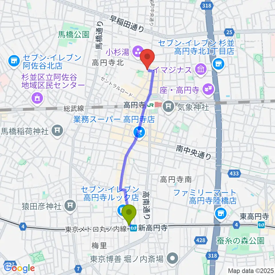 新高円寺駅からM'sボーカル教室へのルートマップ地図