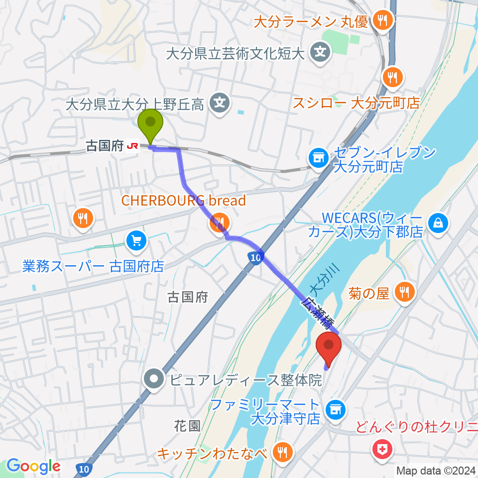 古国府駅から大分studio AFROへのルートマップ地図