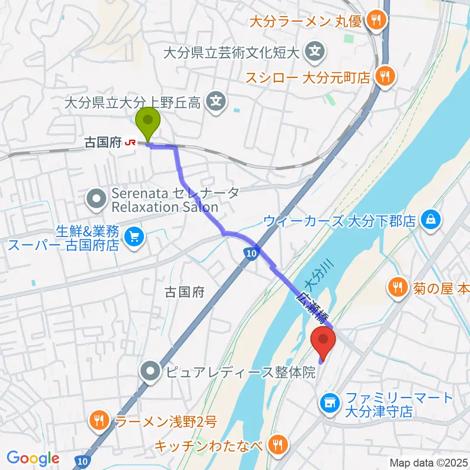 古国府駅から大分studio AFROへのルートマップ地図