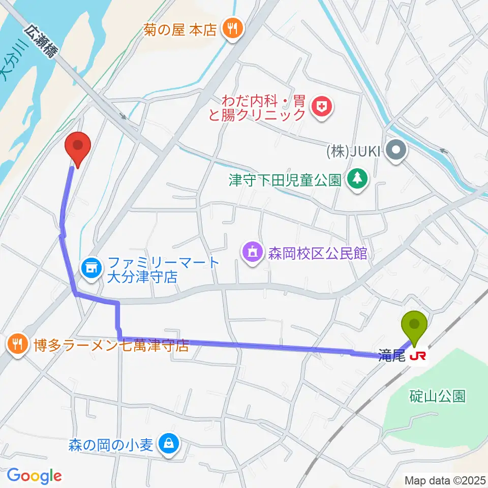 大分studio AFROの最寄駅滝尾駅からの徒歩ルート（約12分）地図