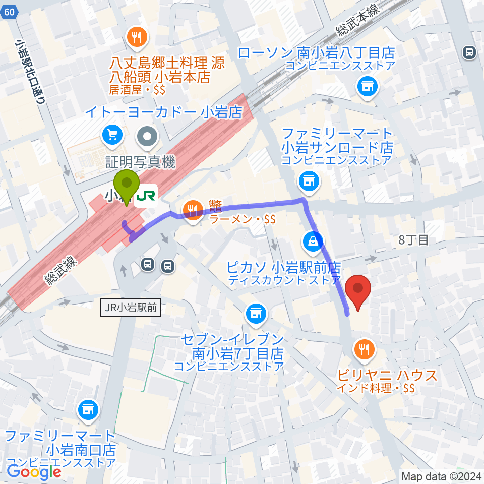 小岩STUDIO 2 TIMESの最寄駅小岩駅からの徒歩ルート（約4分）地図