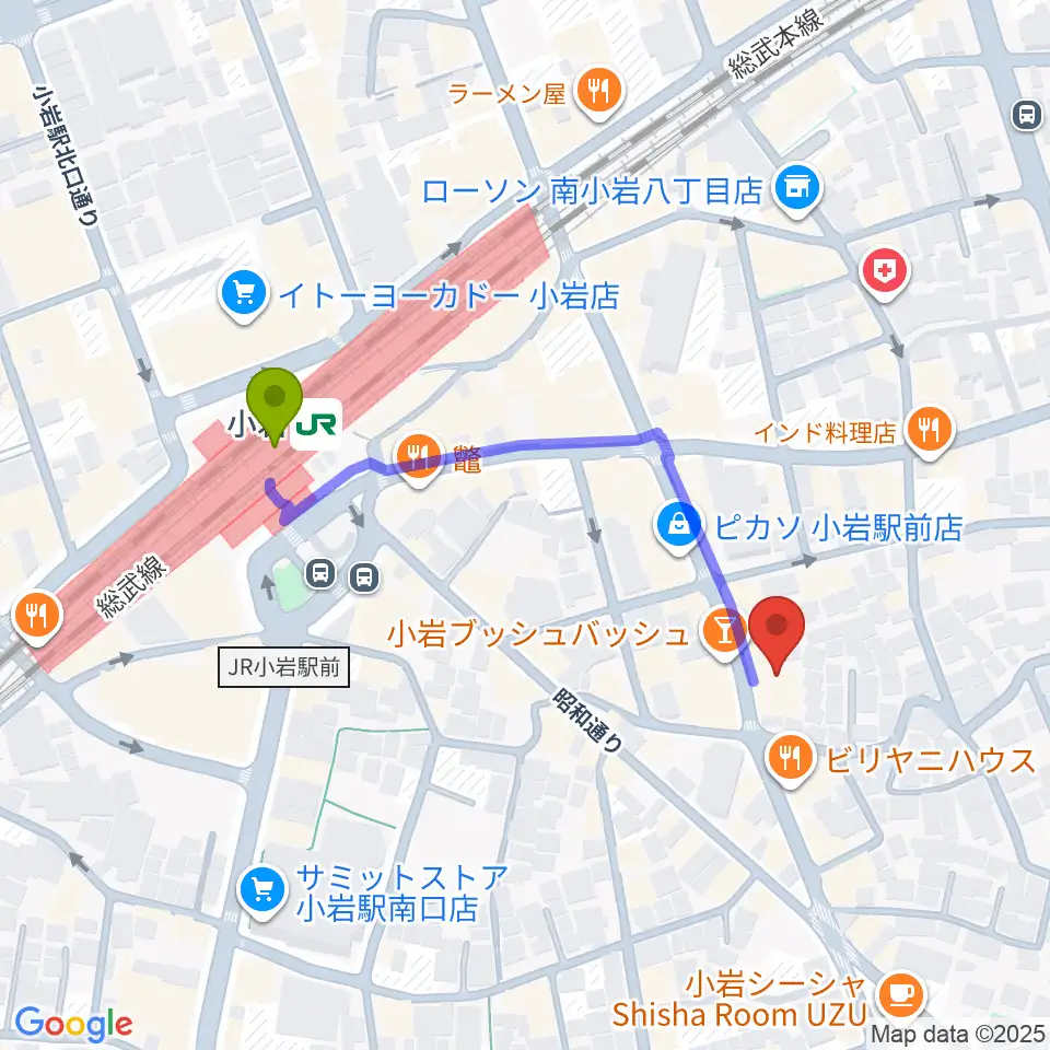 小岩STUDIO 2 TIMESの最寄駅小岩駅からの徒歩ルート（約4分）地図