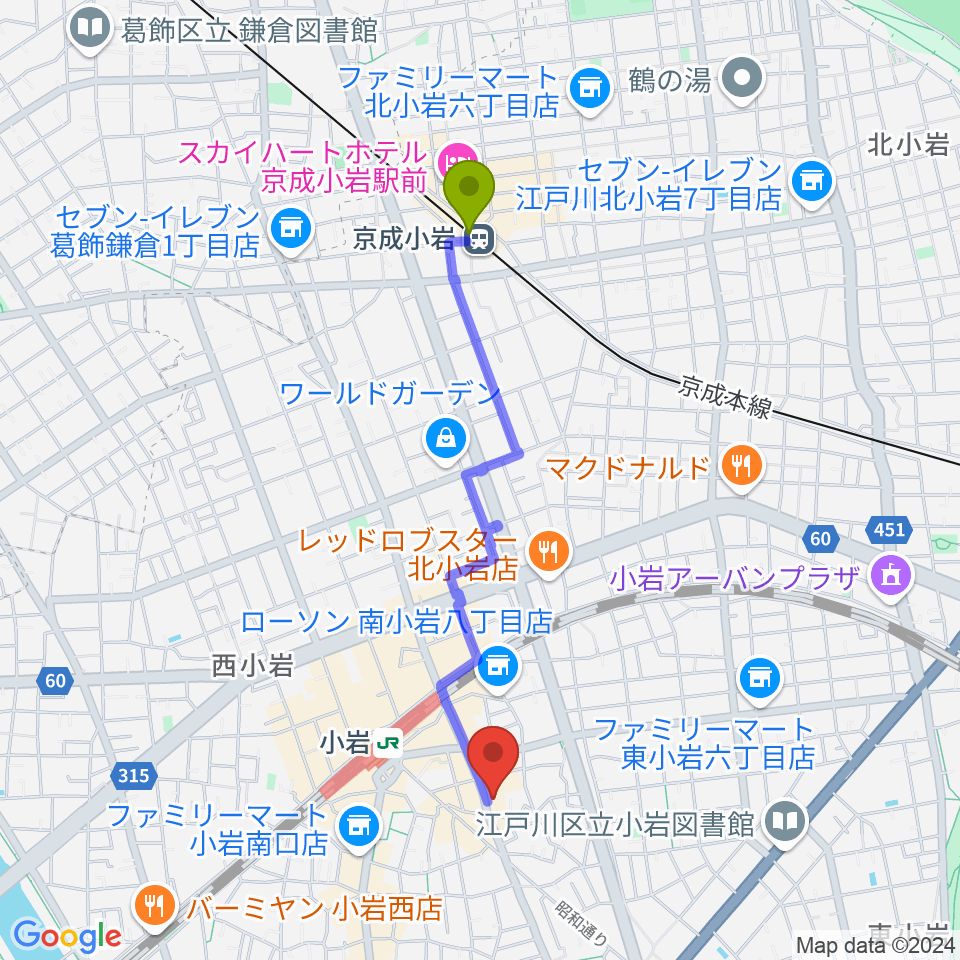 京成小岩駅から小岩STUDIO 2 TIMESへのルートマップ地図