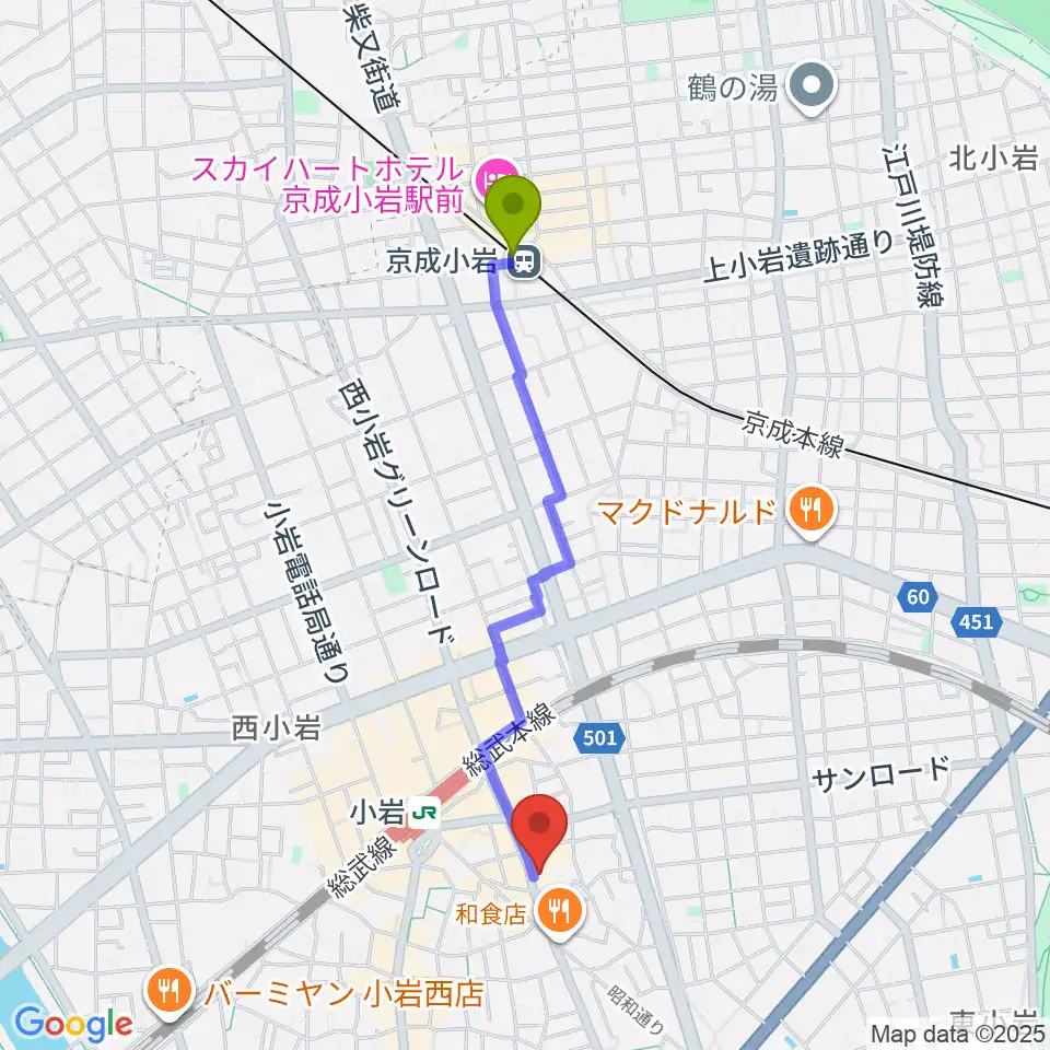 京成小岩駅から小岩STUDIO 2 TIMESへのルートマップ地図