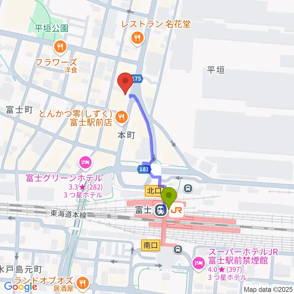 文化屋楽器店 ギターの杜の最寄駅富士駅からの徒歩ルート（約3分）地図
