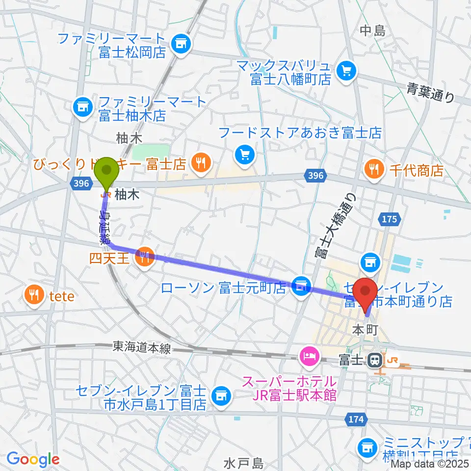 柚木駅から文化屋楽器店 ギターの杜へのルートマップ地図