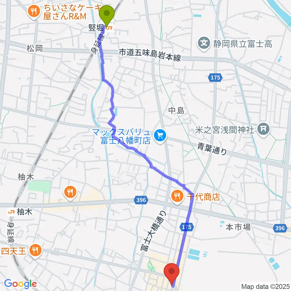 竪堀駅から文化屋楽器店 ギターの杜へのルートマップ地図