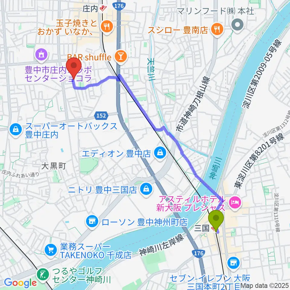 三国駅からレイドバックミュージックスクール豊中校へのルートマップ地図