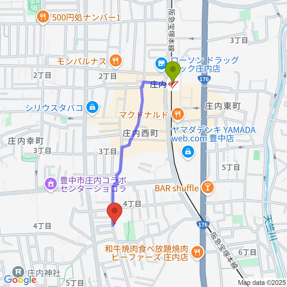 レイドバックミュージックスクール豊中校の最寄駅庄内駅からの徒歩ルート（約8分）地図