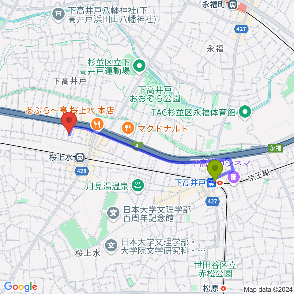 下高井戸駅から世田谷音楽院へのルートマップ地図