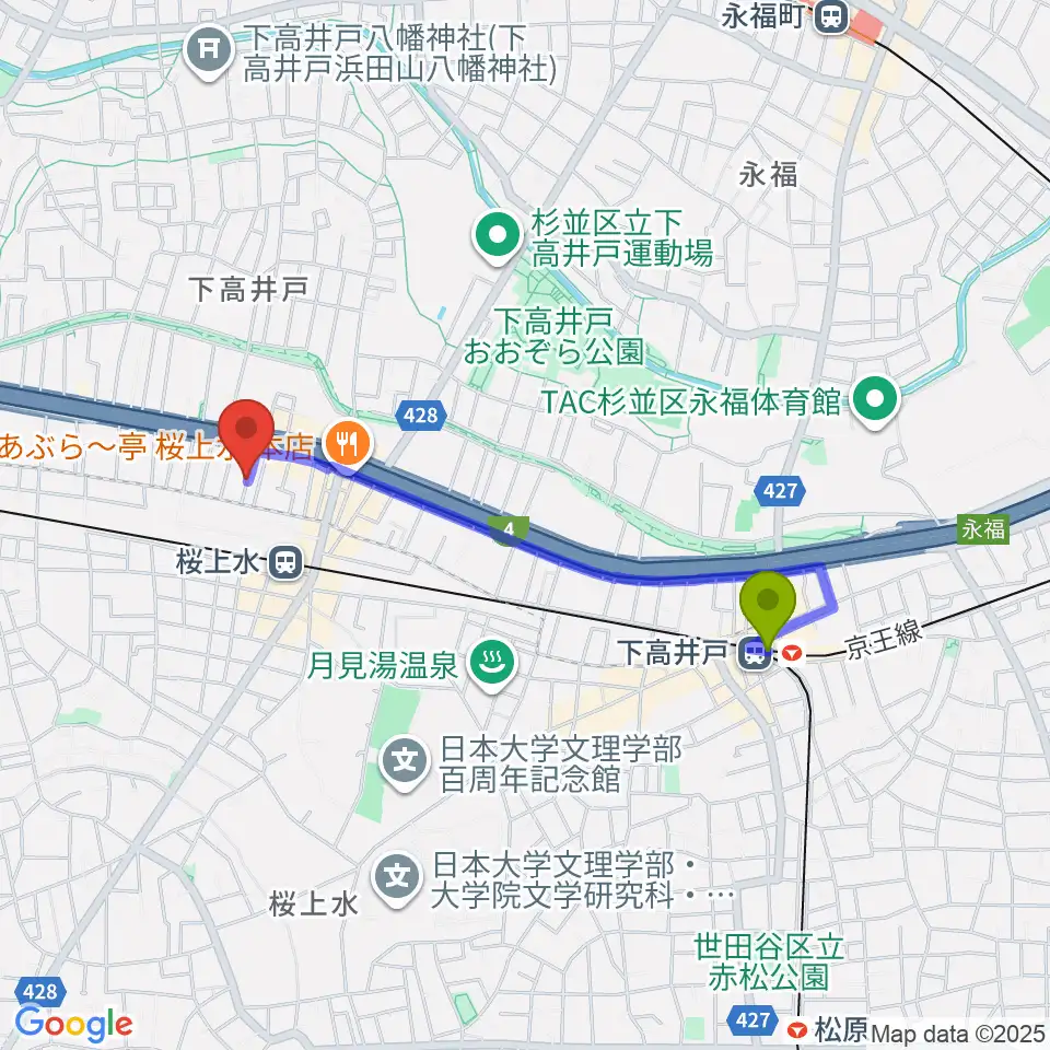 下高井戸駅から世田谷音楽院へのルートマップ地図