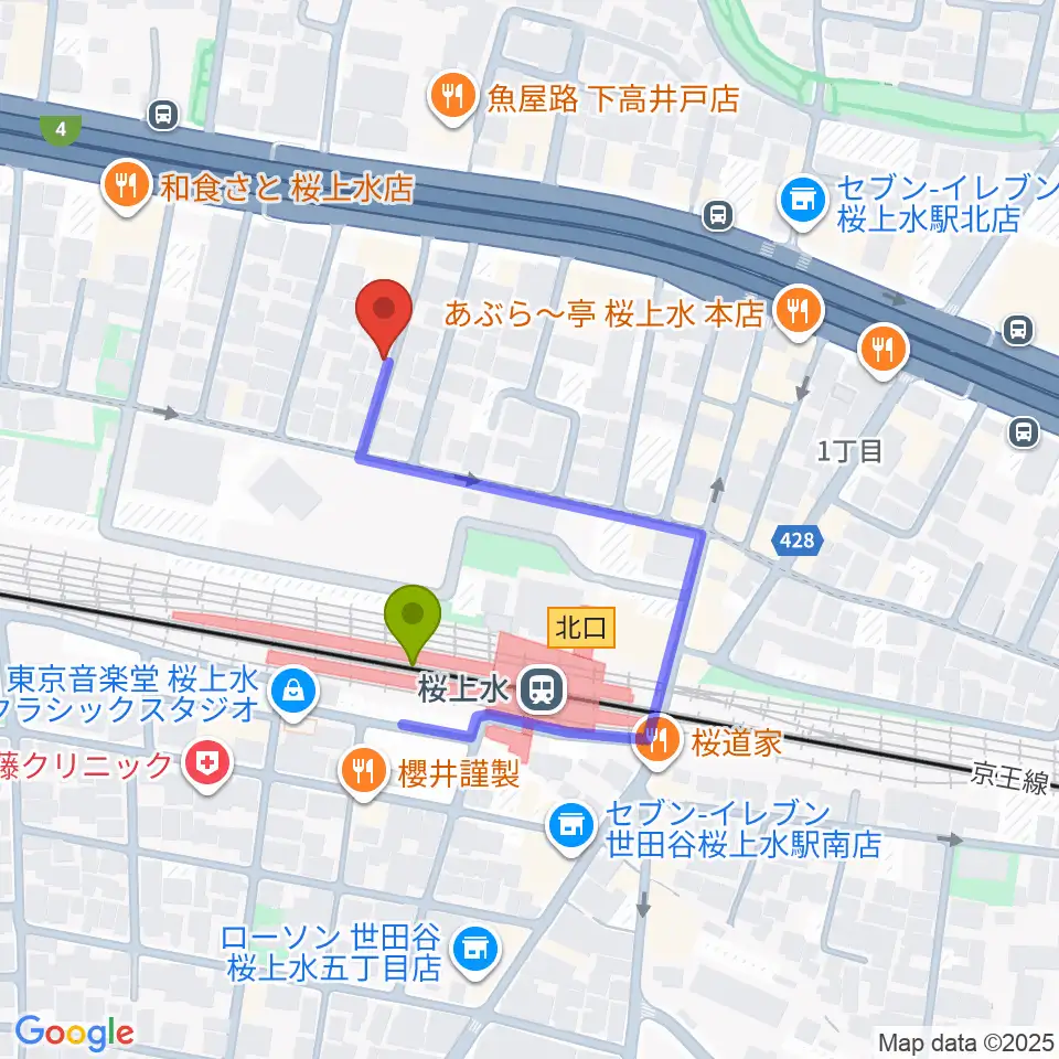 世田谷音楽院の最寄駅桜上水駅からの徒歩ルート（約2分）地図