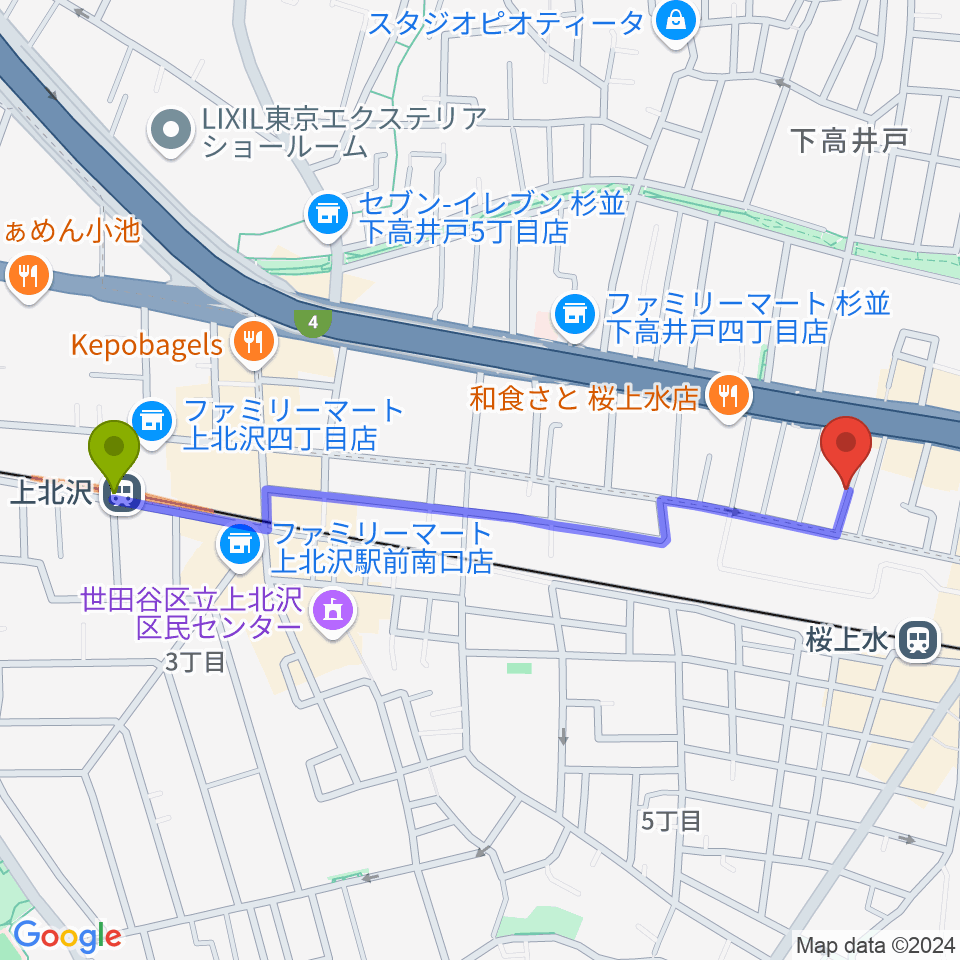 上北沢駅から世田谷音楽院へのルートマップ地図