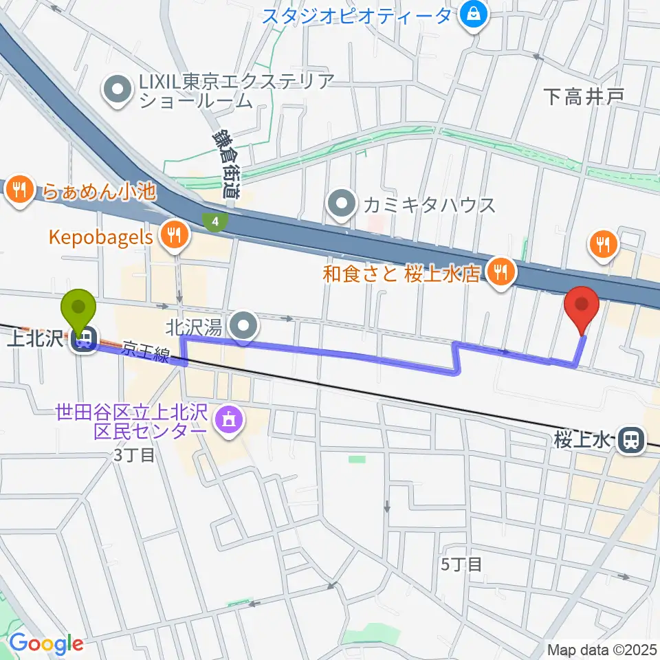 上北沢駅から世田谷音楽院へのルートマップ地図