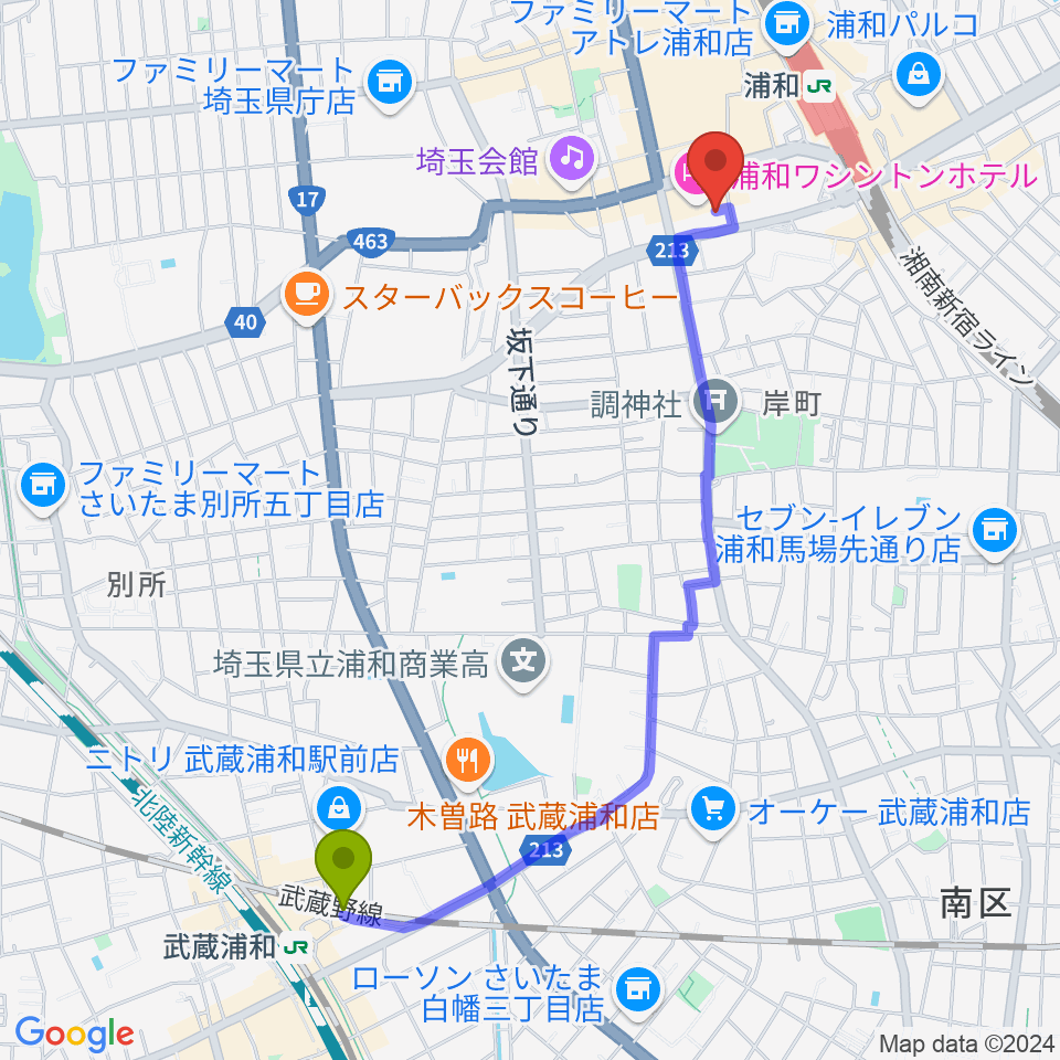 武蔵浦和駅から浦和ナルシスへのルートマップ地図