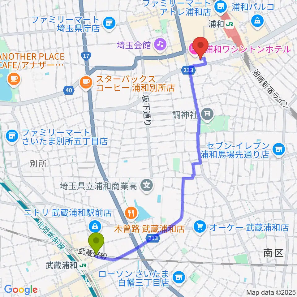 武蔵浦和駅から浦和ナルシスへのルートマップ地図