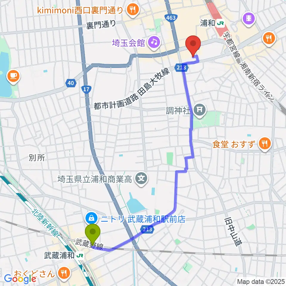 武蔵浦和駅から浦和ナルシスへのルートマップ地図