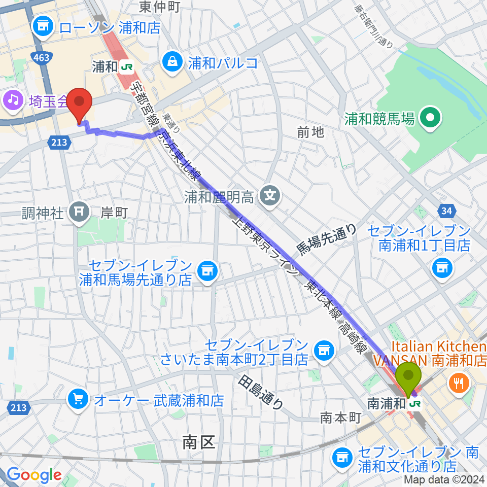 南浦和駅から浦和ナルシスへのルートマップ地図