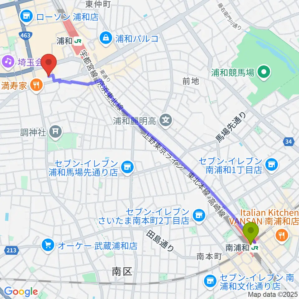 南浦和駅から浦和ナルシスへのルートマップ地図