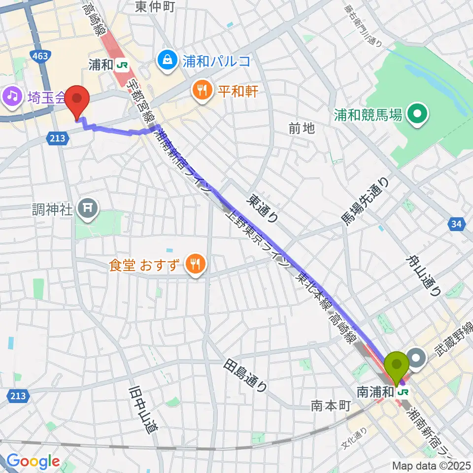 南浦和駅から浦和ナルシスへのルートマップ地図