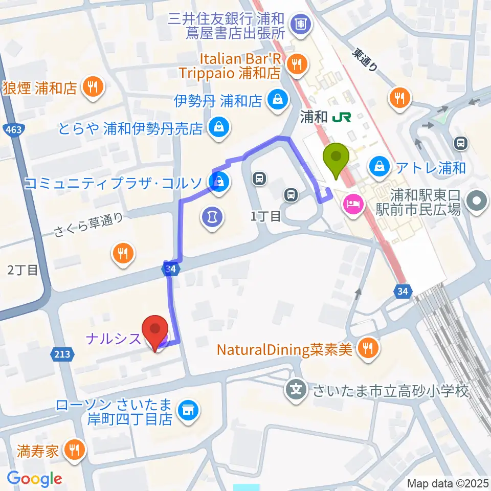 浦和ナルシスの最寄駅浦和駅からの徒歩ルート（約4分）地図