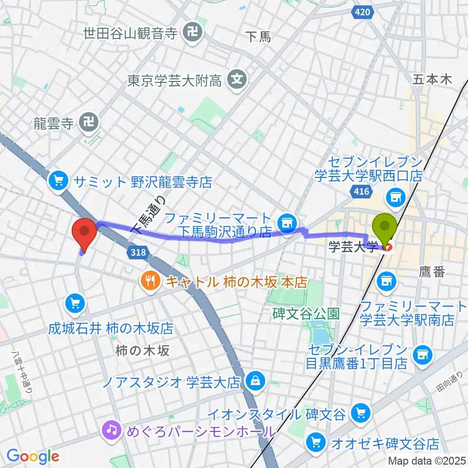 学芸大学駅からスタジオサーカスへのルートマップ地図