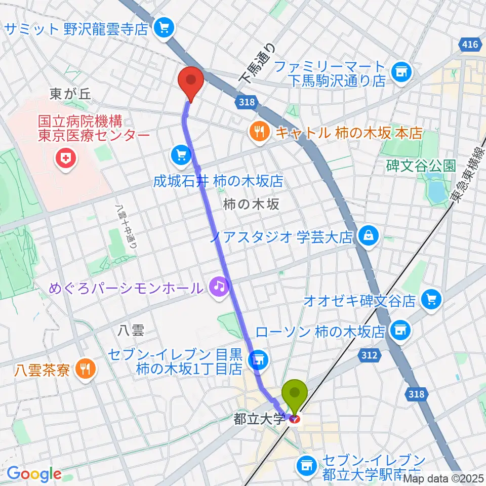 都立大学駅からスタジオサーカスへのルートマップ地図