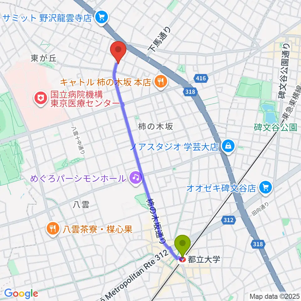 都立大学駅からスタジオサーカスへのルートマップ地図