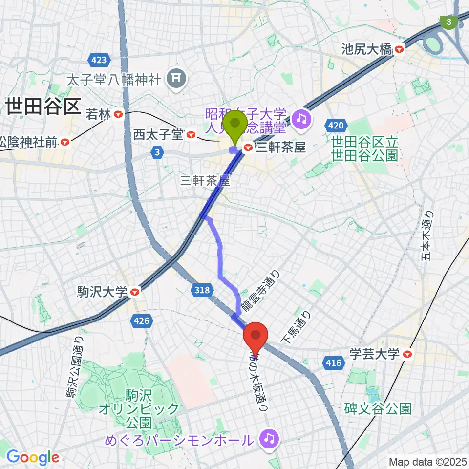三軒茶屋駅からスタジオサーカスへのルートマップ地図