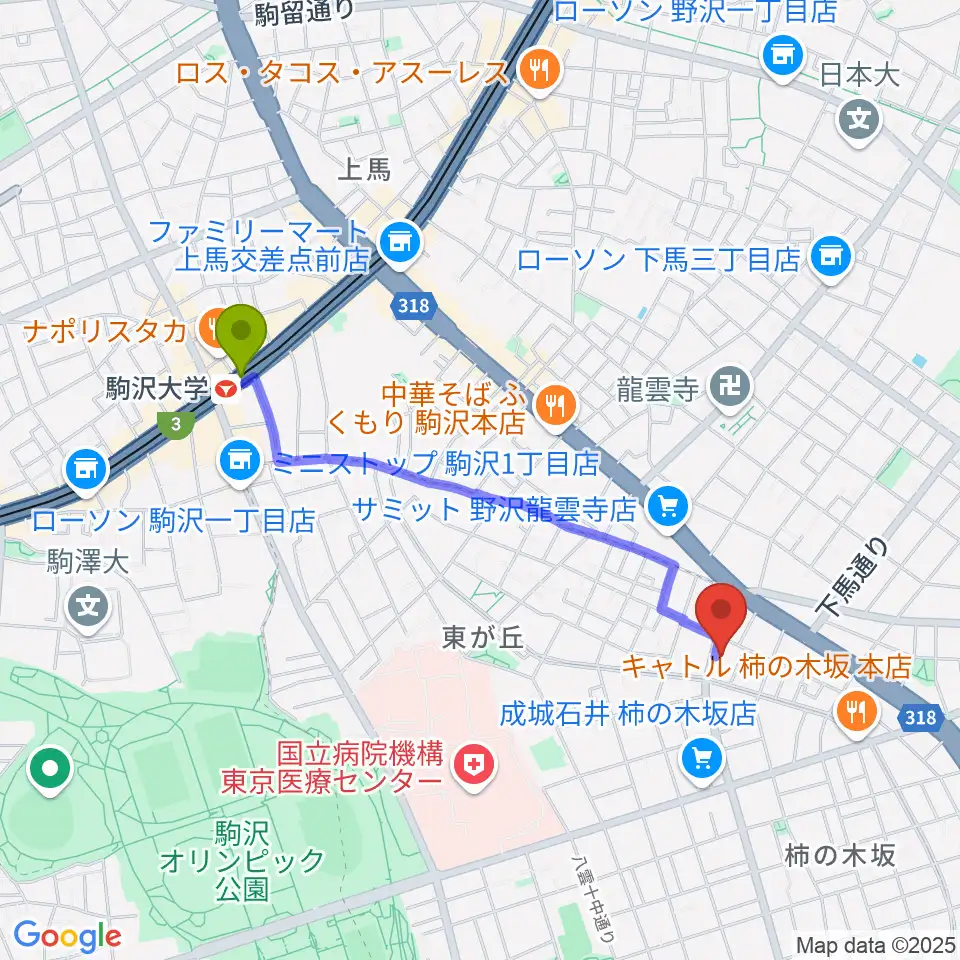 スタジオサーカスの最寄駅駒沢大学駅からの徒歩ルート（約18分）地図