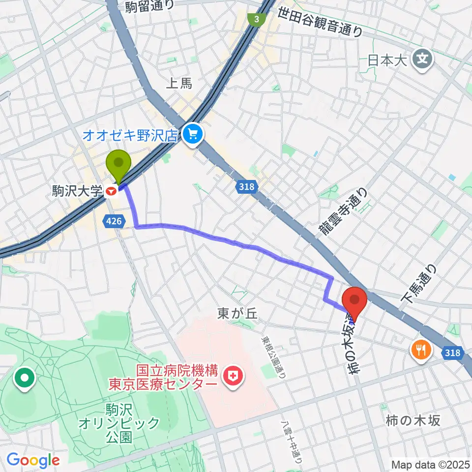 スタジオサーカスの最寄駅駒沢大学駅からの徒歩ルート（約18分）地図