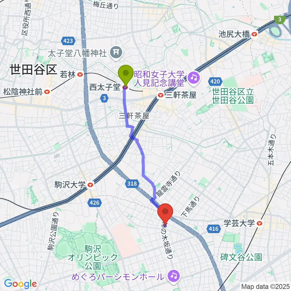西太子堂駅からスタジオサーカスへのルートマップ地図