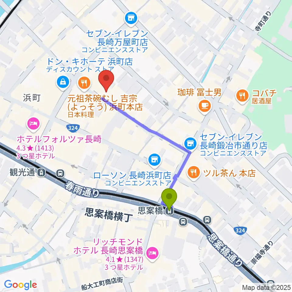 思案橋駅からレイグルーム・ミュージックへのルートマップ地図