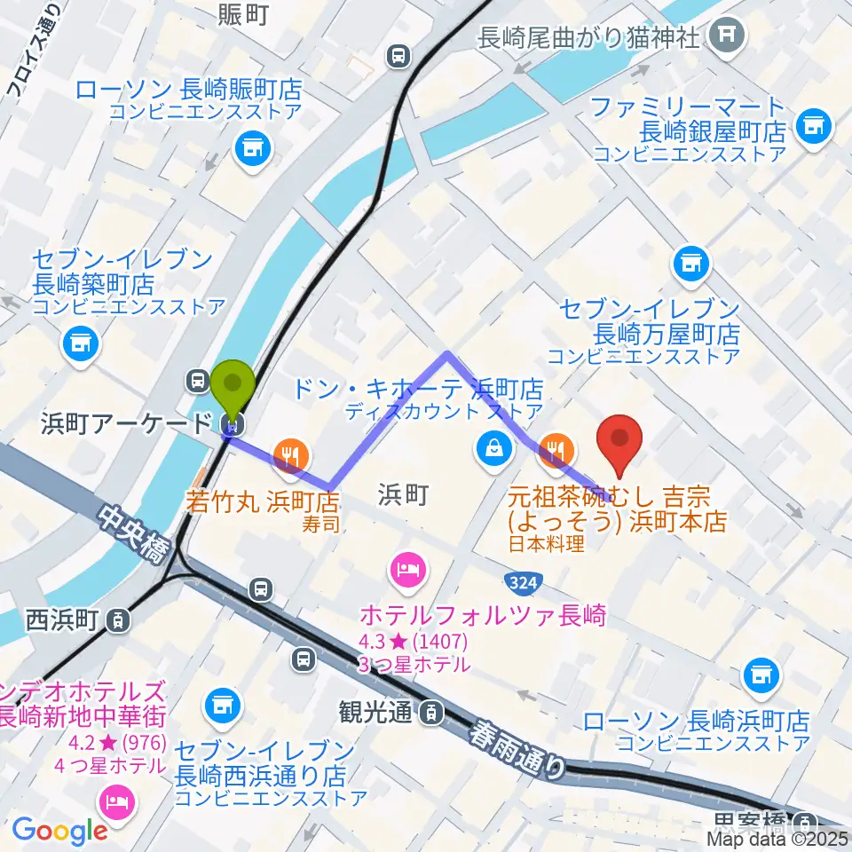 浜町アーケード駅からレイグルーム・ミュージックへのルートマップ地図