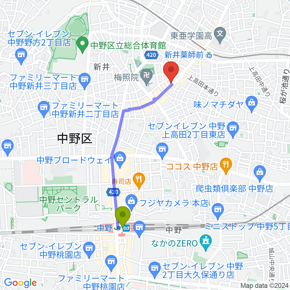 中野駅からスペシャルカラーズへのルートマップ地図