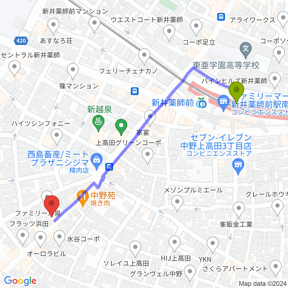 スペシャルカラーズの最寄駅新井薬師前駅からの徒歩ルート（約6分）地図