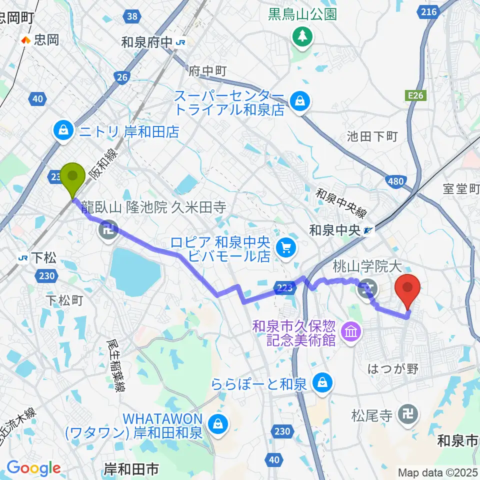 久米田駅から株式会社パワーステーションへのルートマップ地図