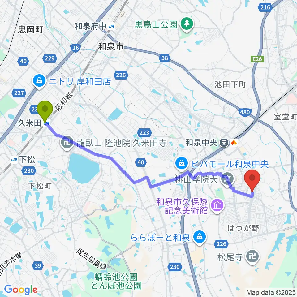 久米田駅から株式会社パワーステーションへのルートマップ地図