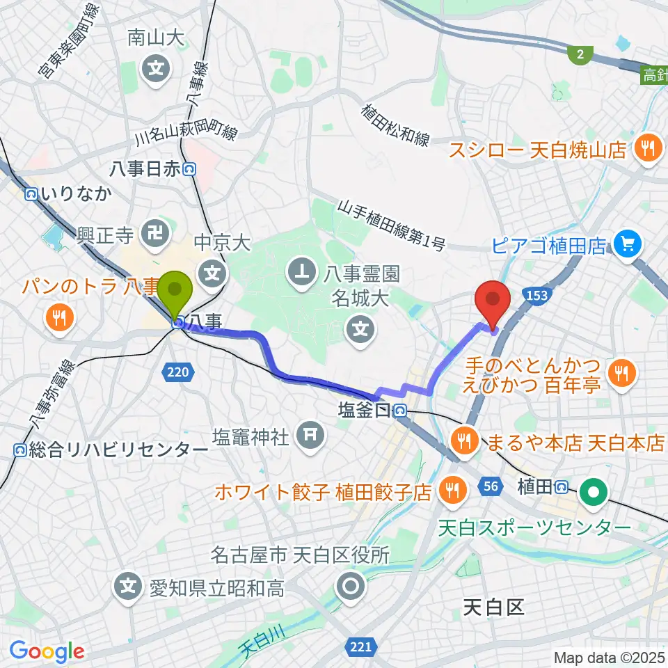 八事駅からゼロスタジオへのルートマップ地図